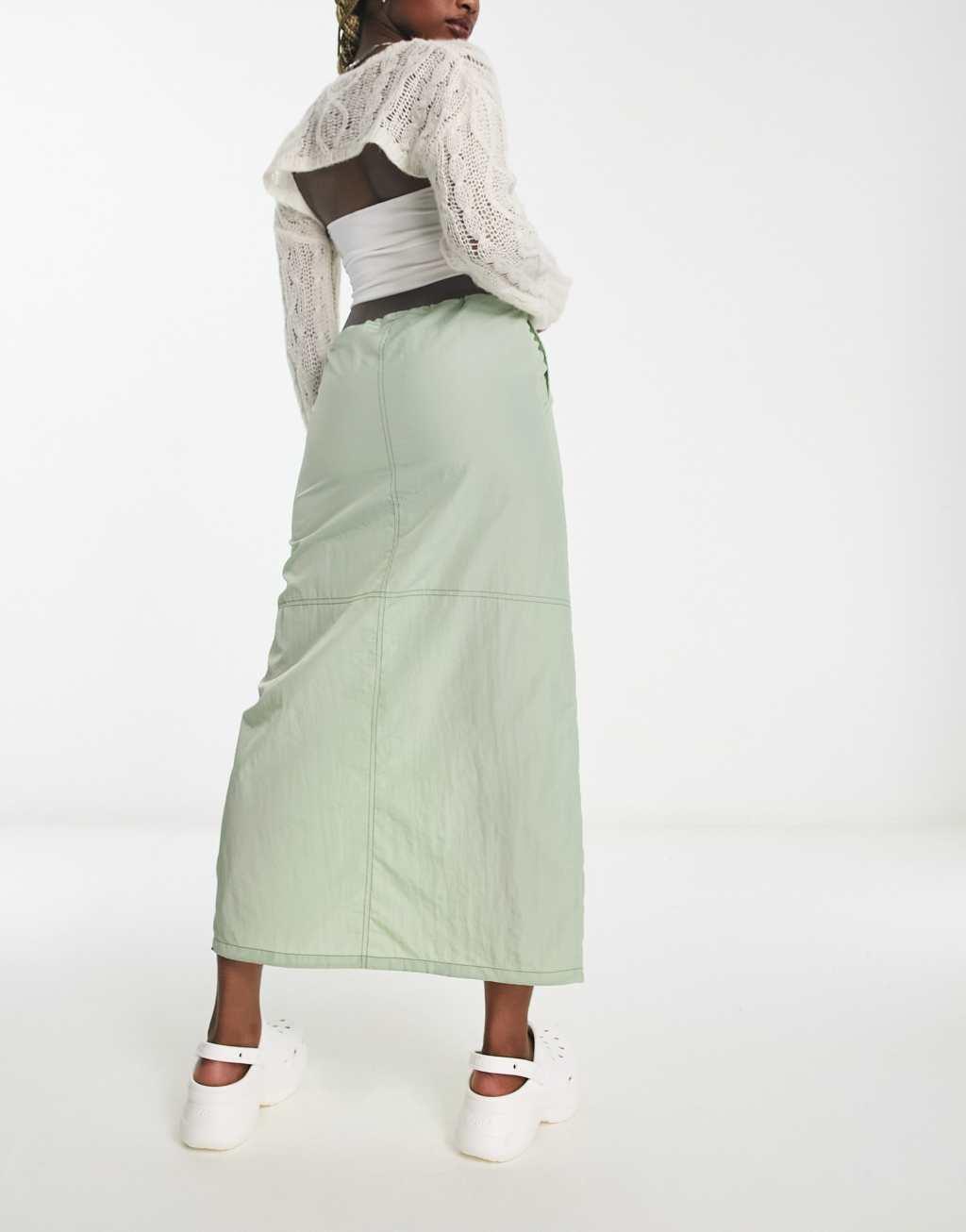 Noisy May drawstring toggle maxi parachute skirt in green Product Image