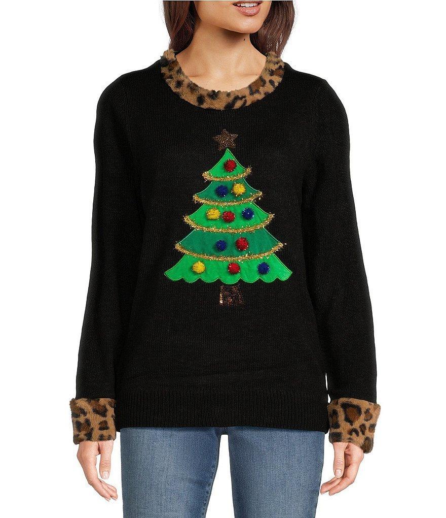 Lisa International Animal Faux Fur Trim Christmas Tree Crew Neck Sweater Product Image