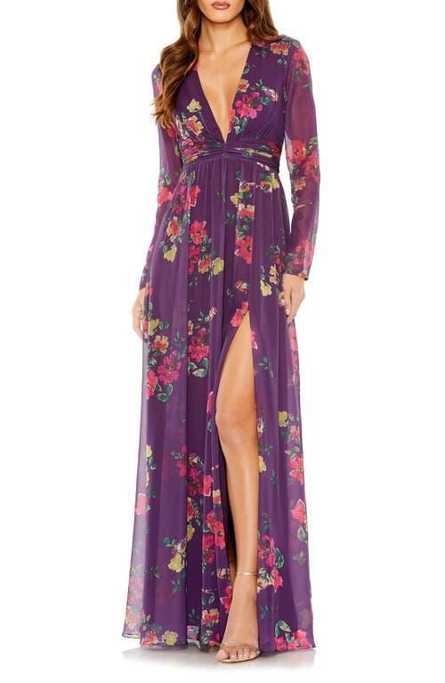 Ieena for Mac Duggal Floral Plunge Neck Long Sleeve Gown Product Image