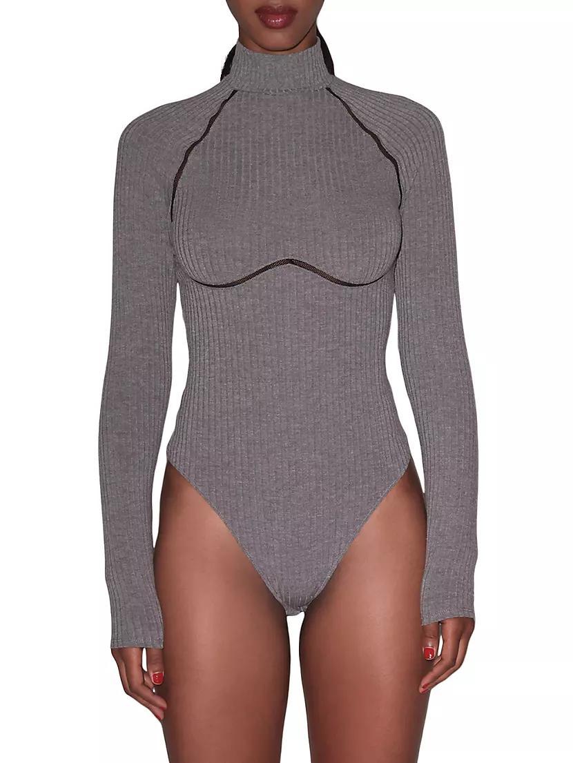 Lace Trim Rib-Knit Long-Sleeve Bodysuit Product Image