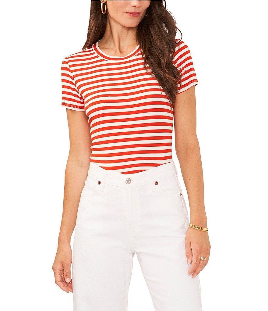 Vince Camuto Striped Print Crew Neck Short Sleeve Knit Tee Shirt Product Image