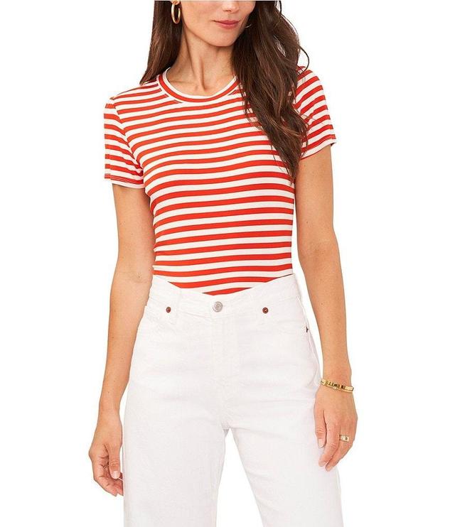 Vince Camuto Striped Print Crew Neck Short Sleeve Knit Tee Shirt Product Image