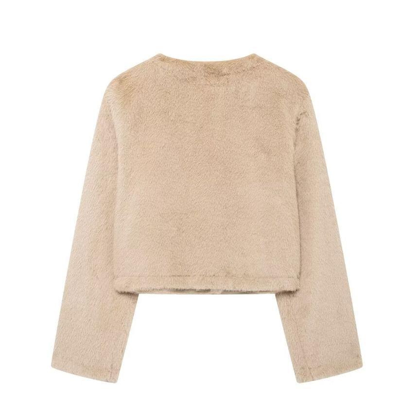 Round Neck Plain Fluffy Crop Button Jacket Product Image