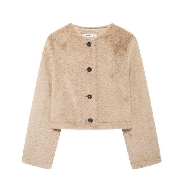 Round Neck Plain Fluffy Crop Button Jacket Product Image