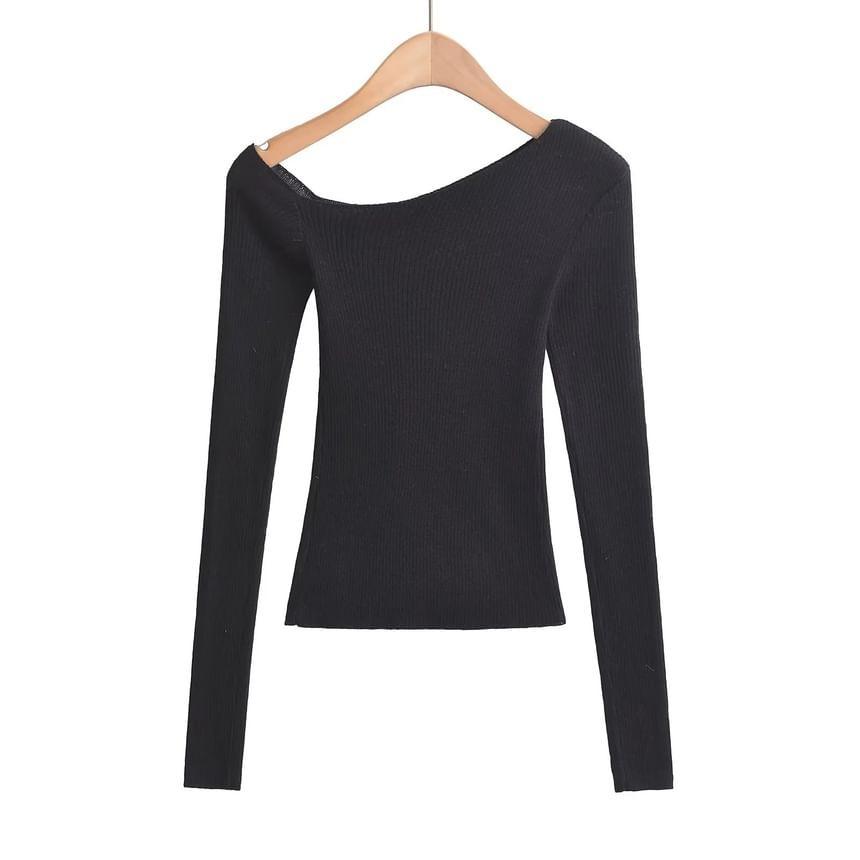 Long Sleeve One Shoulder Plain Ribbed Knit Top Product Image