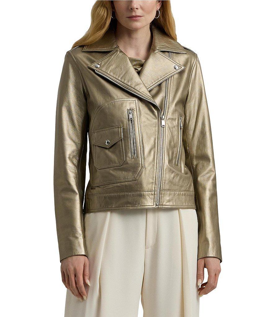 Lauren Ralph Lauren Zoren Metallic Long Sleeve Lambskin Moto Jacket Product Image