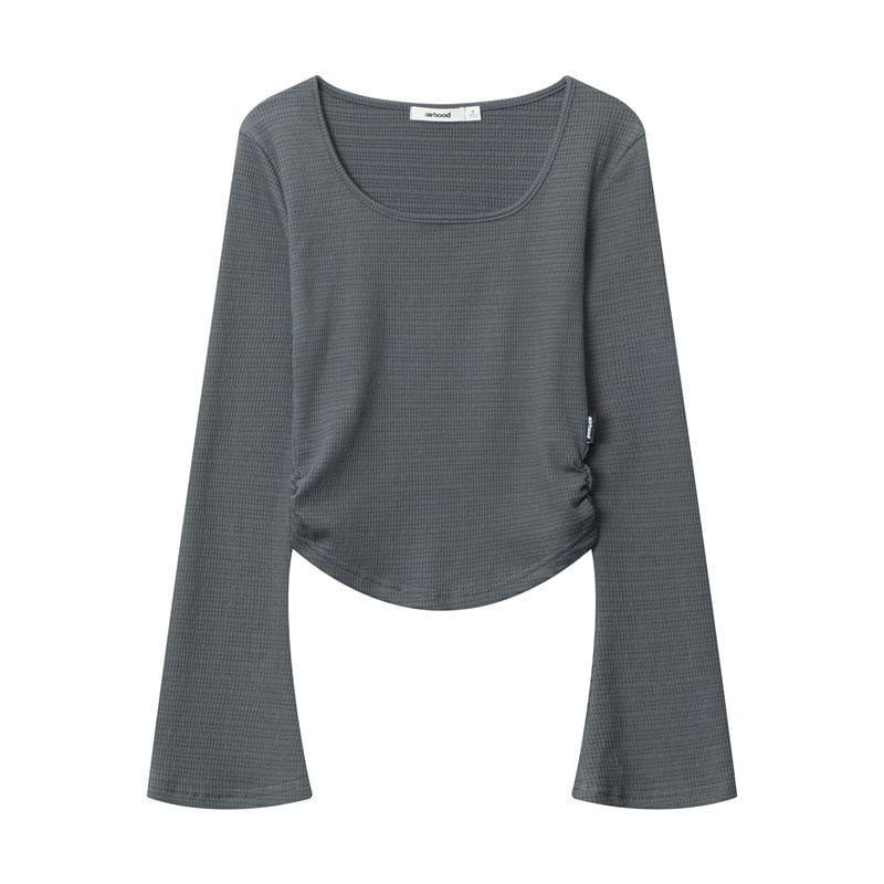 Bell Sleeve Plain Ruched Slim-Fit Top Product Image