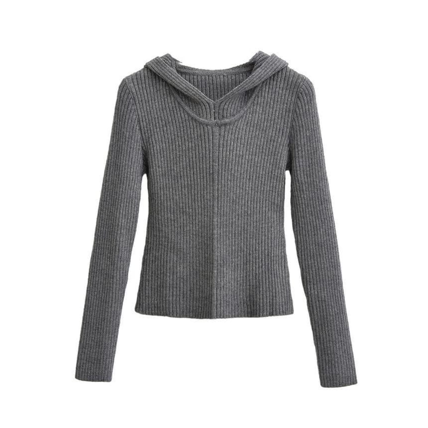 Plain Ribbed Knit Slim Fit Crop Hoodie Product Image