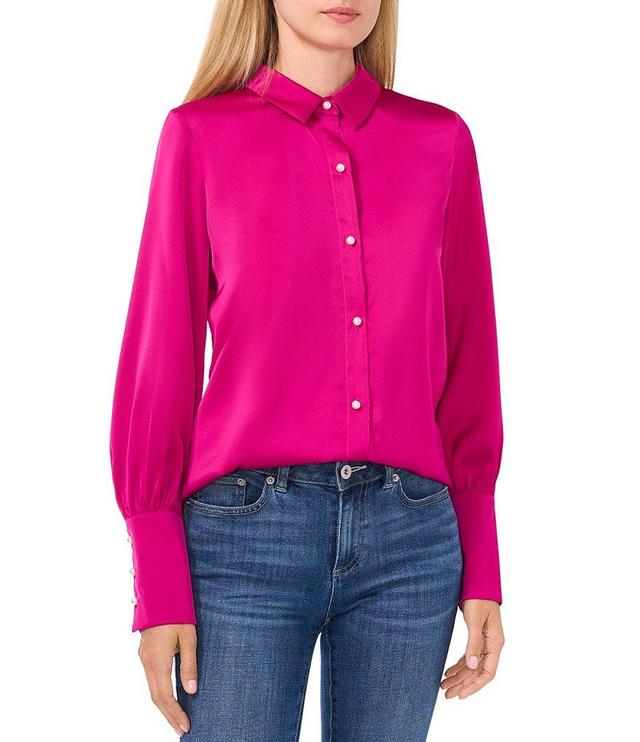 CeCe Satin Point Collar Long Sleeve Tall Cuff Pearl Button Front Blouse Product Image