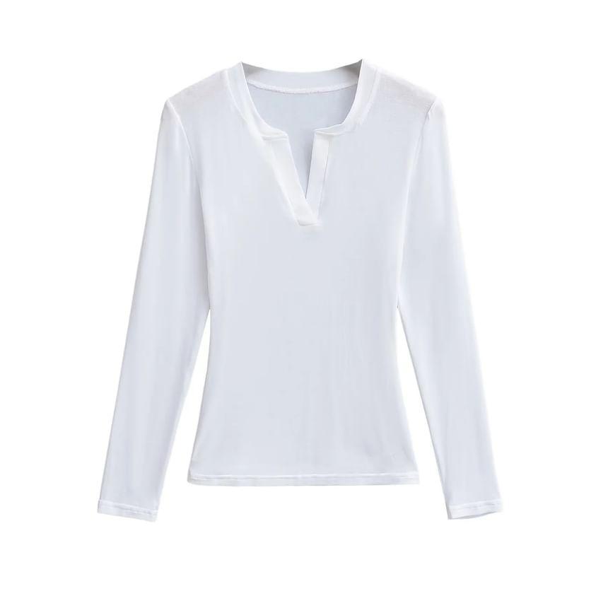 Long Sleeve V-Neck Plain Crop Tee Product Image