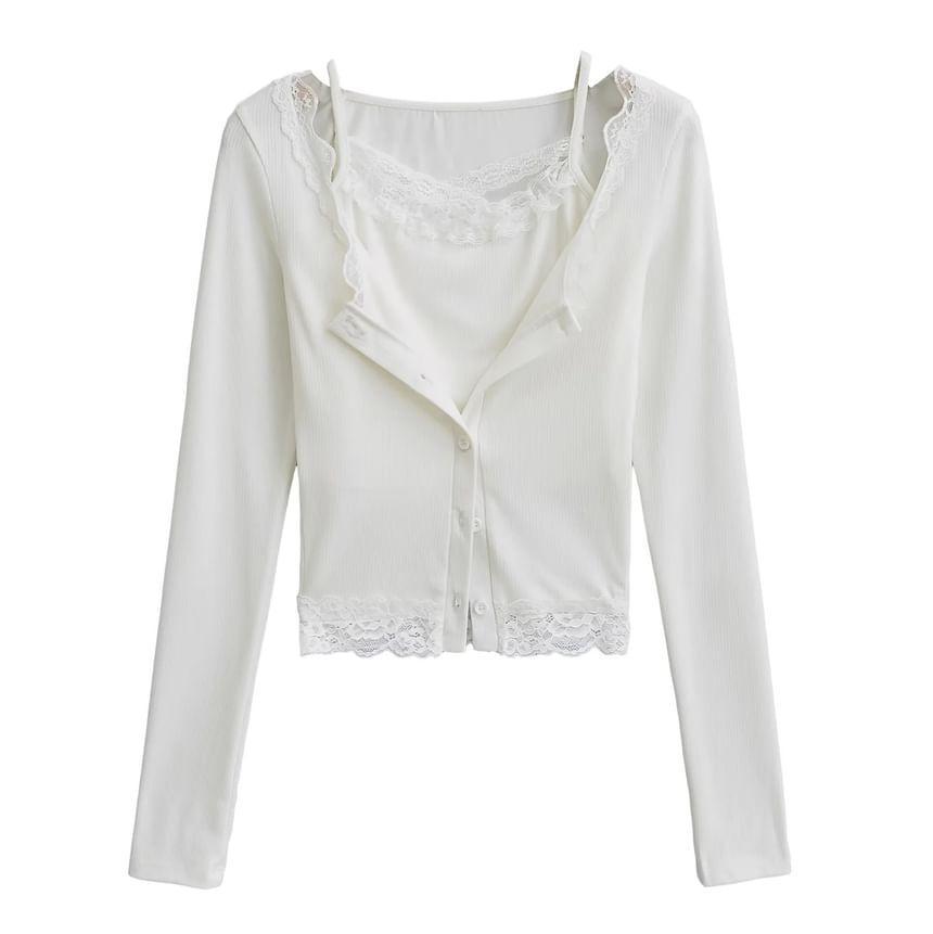 Set: Lace Trim Cami Top + Button-Up Cardigan Product Image