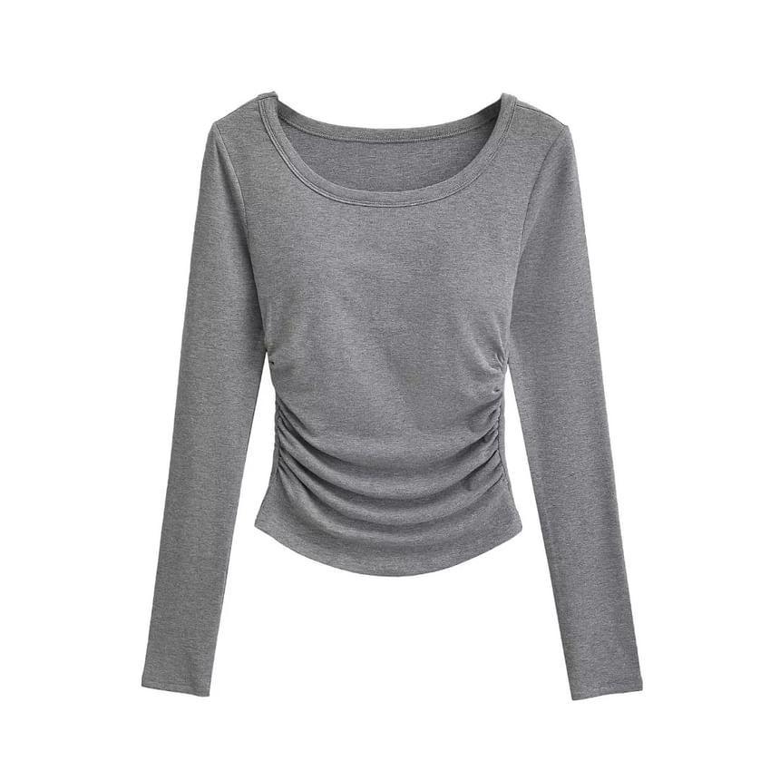 Long Sleeve Crew Neck Plain Ruched T-Shirt Product Image