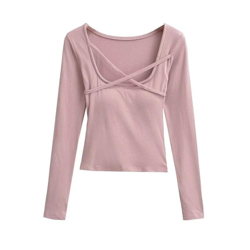 Long Sleeve Scoop Neck Plain Crisscross Crop T-Shirt Product Image