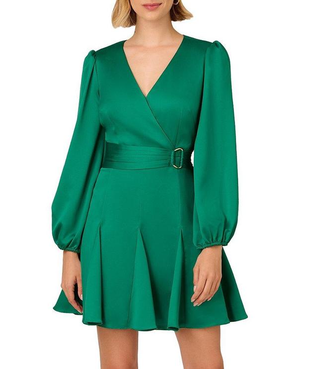 Adrianna Papell Crepe Surplice V-Neck Long Sleeve Belted Godet Faux Wrap Mini Dress Product Image