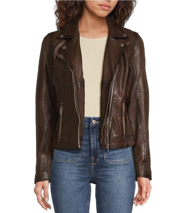 Mauritius Lambskin Leather Distress Notch Collar Asymmetrical Front Zip Moto Jacket Product Image