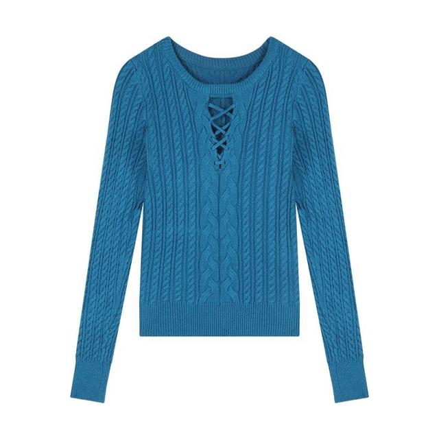 Long-Sleeve Round Neck Plain Cutout Cable Knit Slim Fit Top Product Image