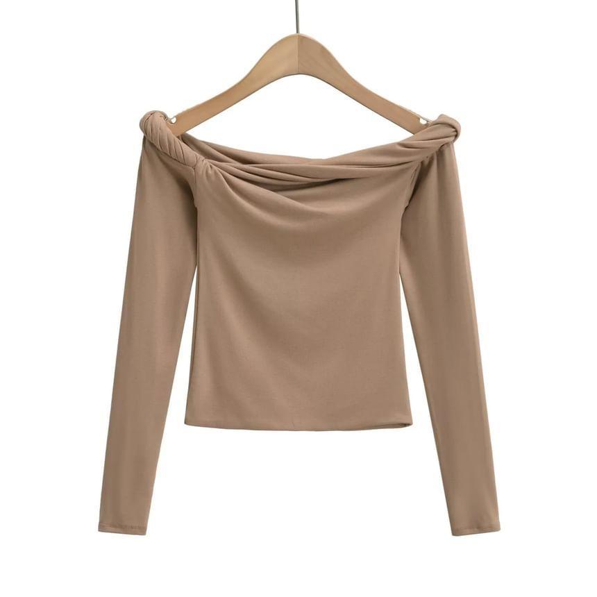 Long Sleeve Off-Shoulder Plain Twisted Slim-Fit Crop Top Product Image