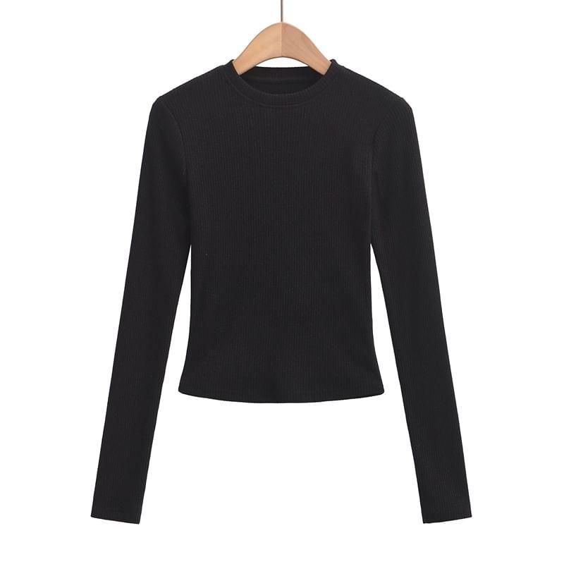 Long Sleeve Round Neck Plain Ribbed Knit Crop Top Product Image