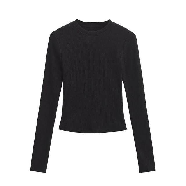 Long Sleeve Round Neck Plain Ribbed Knit Top Product Image