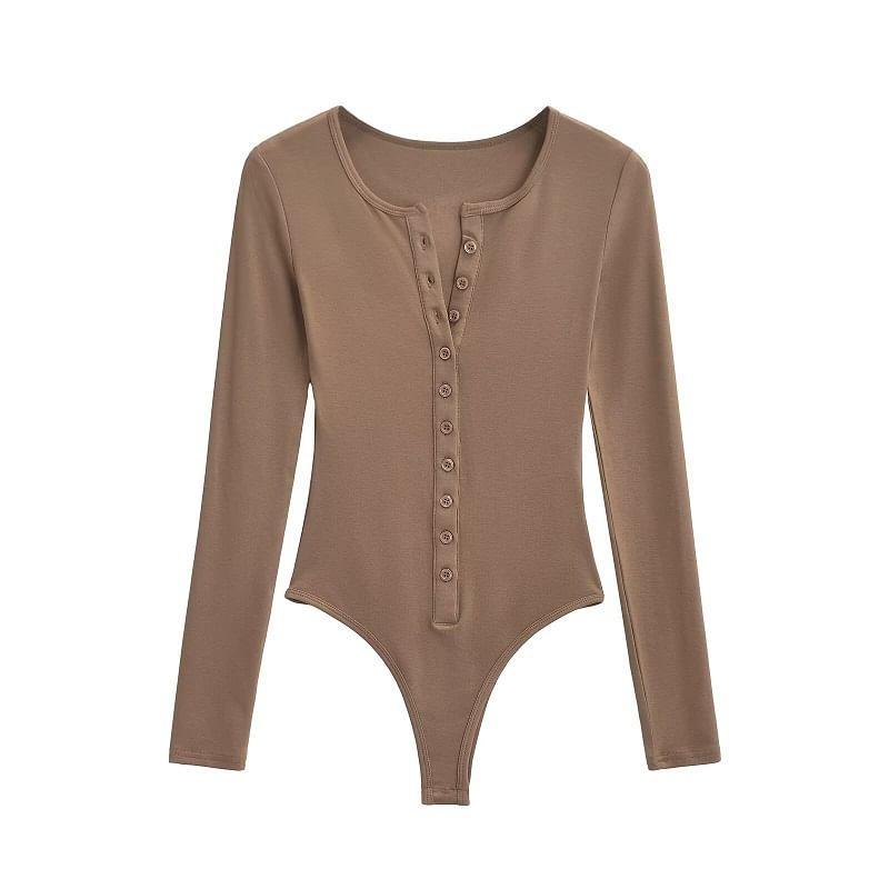 Long-Sleeve Round Neck Button Bodysuit Top Product Image