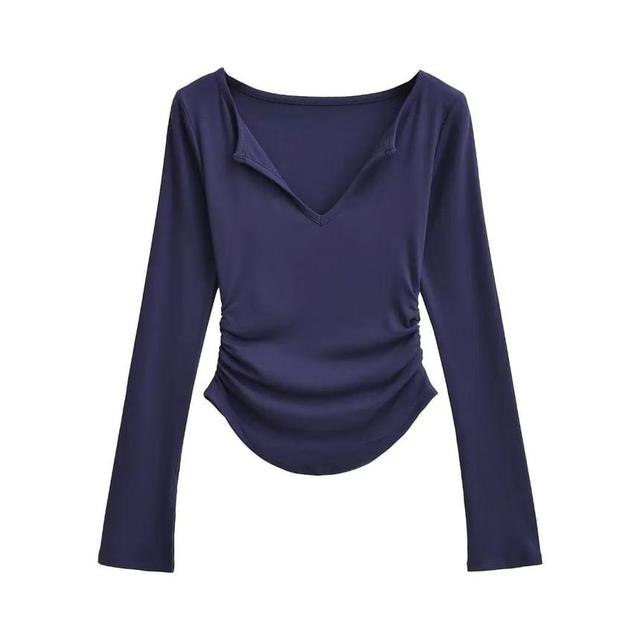 Long-Sleeve V-Neck Plain Crop Top Product Image