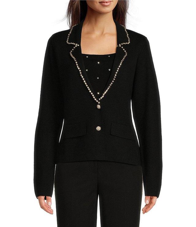 KARL LAGERFELD PARIS Rhinestone Trim V-Neck Long Sleeve Two-Button Cardigan Product Image