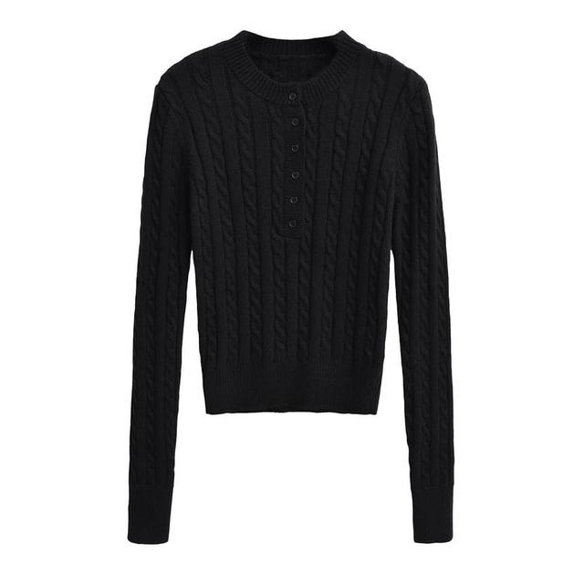 Long-Sleeve Crewneck Half Buttoned Plain Knit Top Product Image