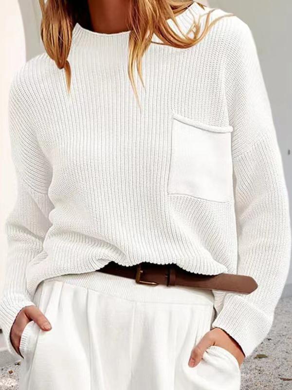 Long Sleeves Loose Pockets Solid Color Round-Neck Knitwear Pullovers Sweater Tops Product Image