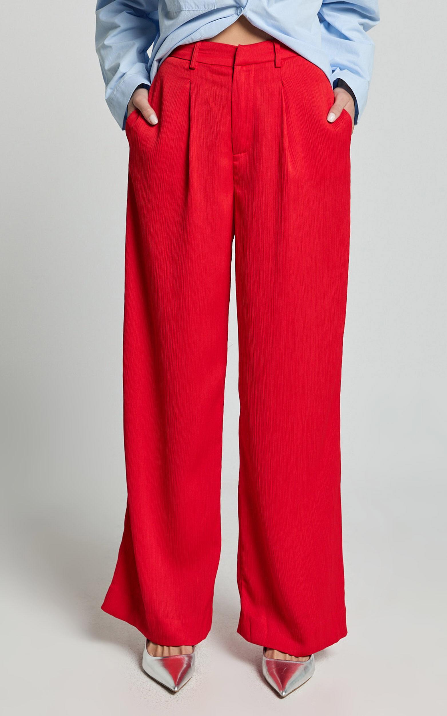 Jacie Pants - High Waisted Relaxed Textured Pants in Red Product Image