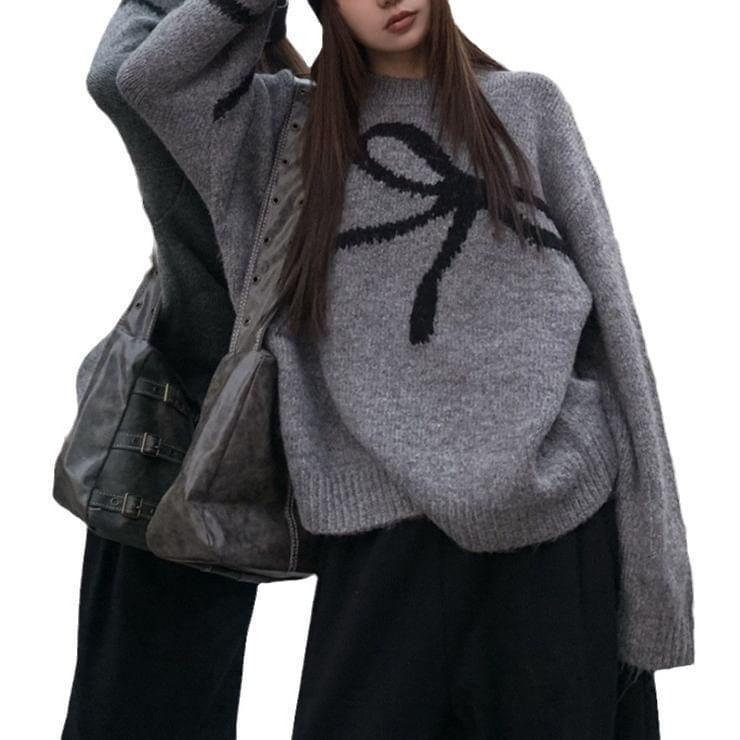 Drop Shoulder Round Neck Bow Oversized Sweater Product Image