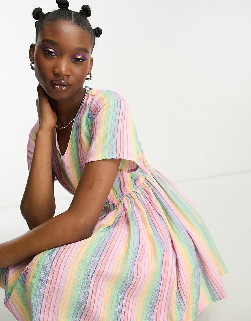 Daisy Street linen mini smock dress in rainbow stripe Product Image