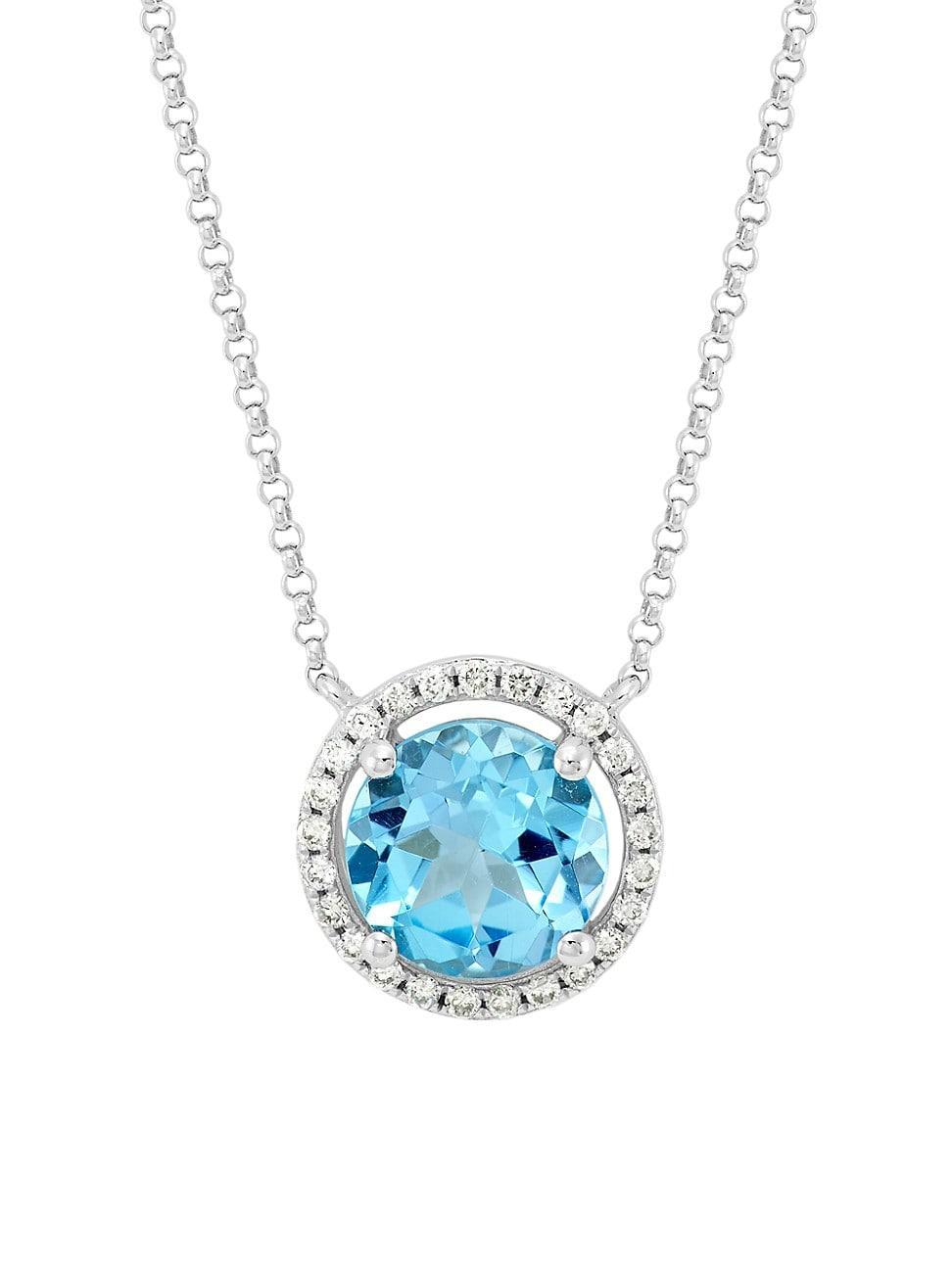 Womens 14K White Gold, Blue Topaz & 0.14 TCW Diamond Halo Pendant Necklace Product Image