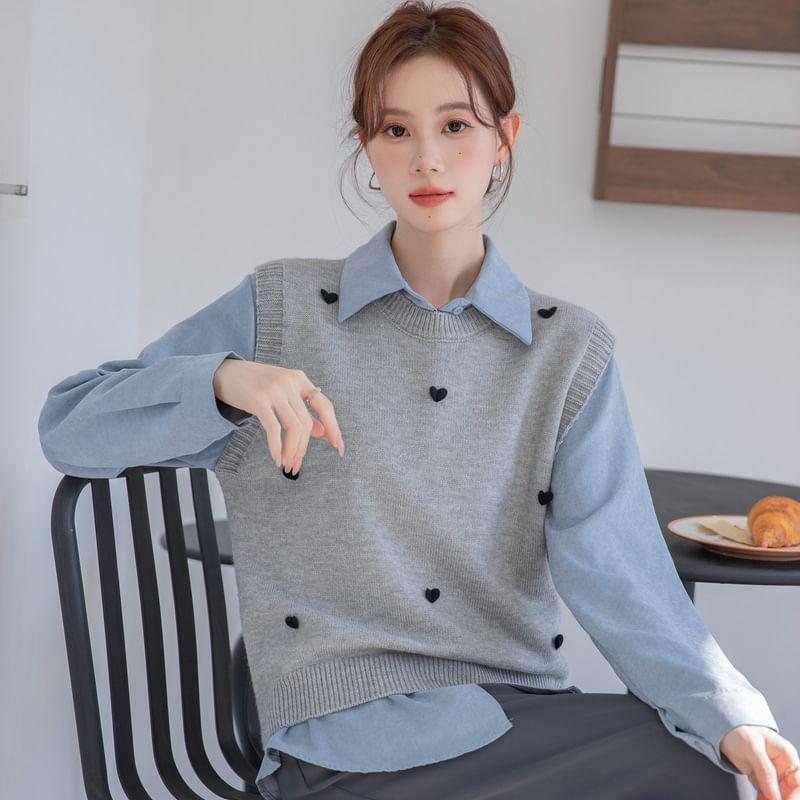 Round Neck Heart Detail Sweater Vest / Long-Sleeve Collared Plain Shirt Product Image