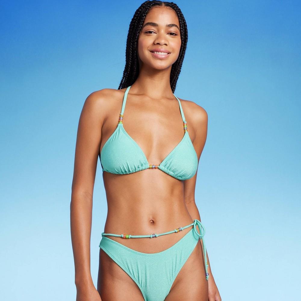 WomensBeaded Strap Triangle Bikini Top - Wild Fable Aqua Green Lurex XXS Pique Fabric, Removable Cups, Back Tie Closure Product Image