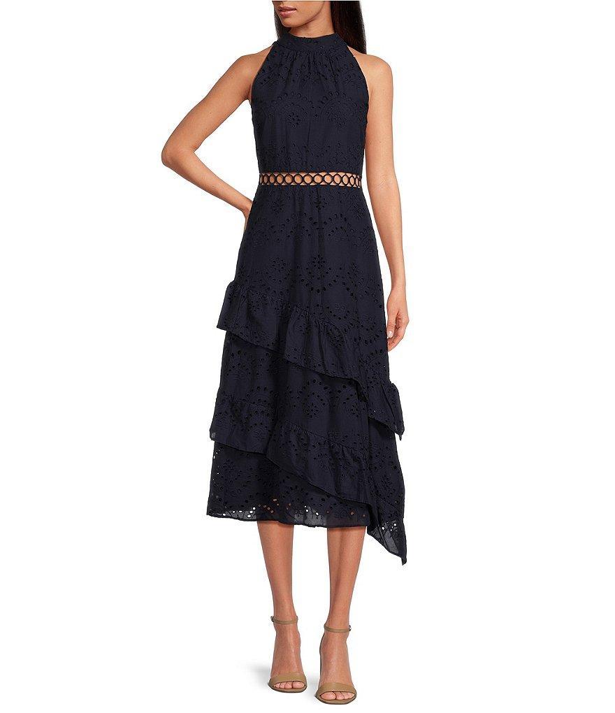 Sam Edelman Lace Eyelet halter Neck Sleeveless Cutout Asymmetrical Tiered Midi Dress Product Image