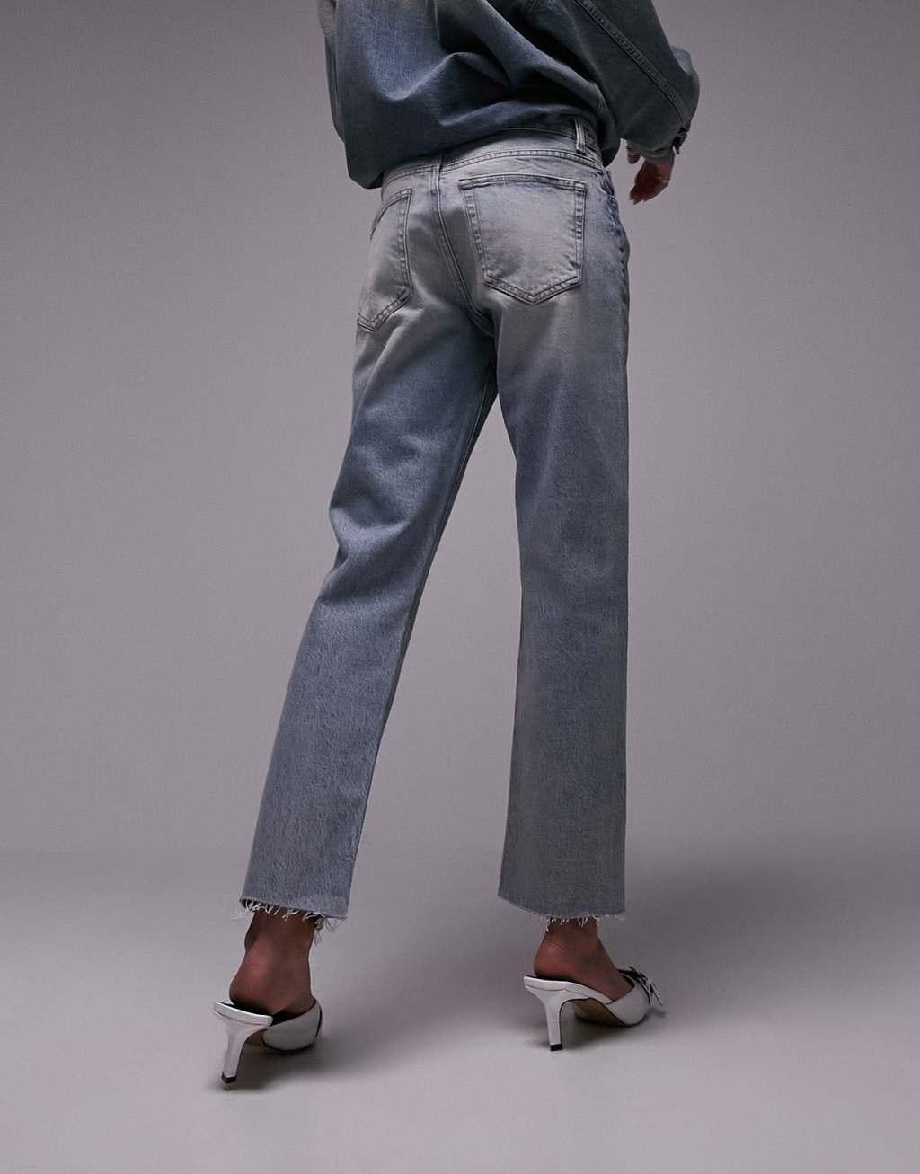 Topshop cropped mid rise straight jeans with raw hems in dirty bleach Product Image