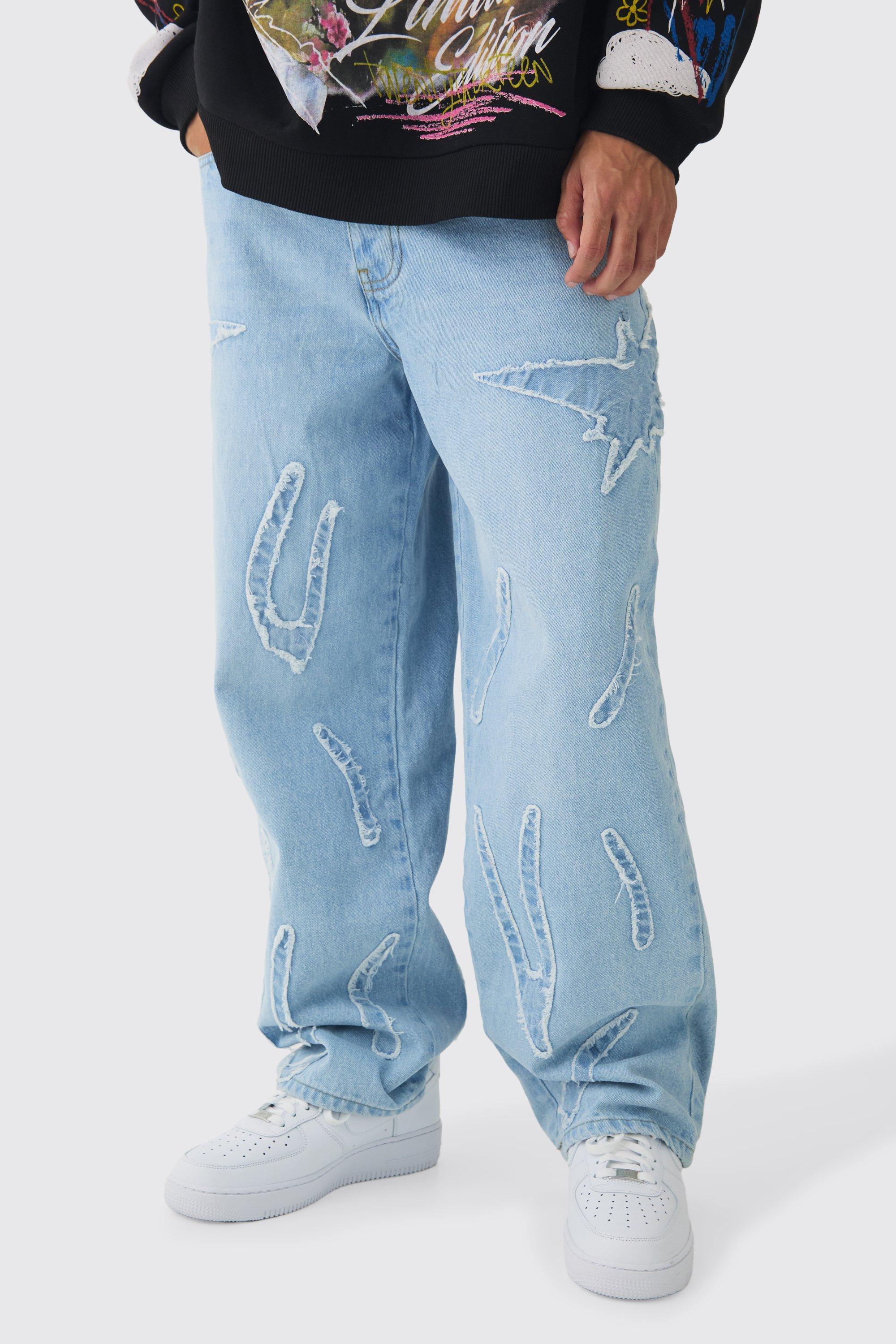 Mens Blue Baggy Rigid All Over Raw Edge Applique Jeans, Blue Product Image