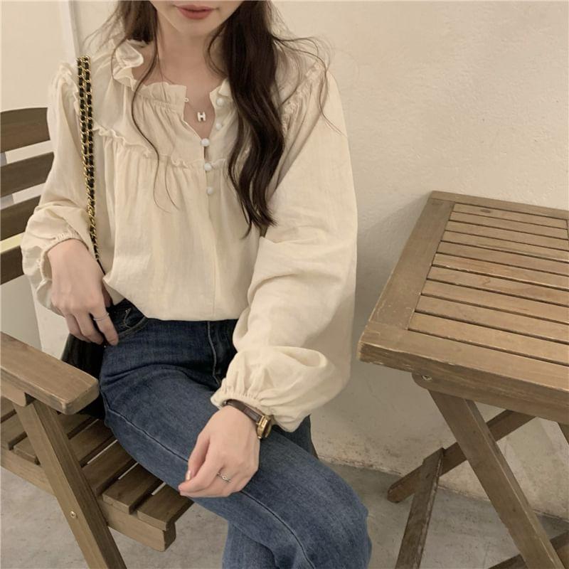 Long-Sleeve Plain Ruffle Trim Blouse Product Image