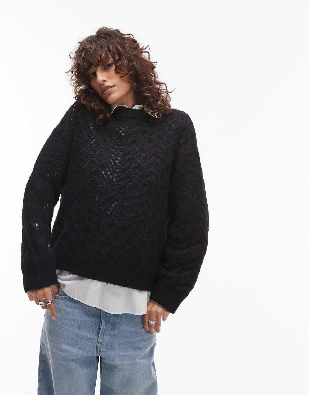 Topshop cable knit lofty relaxed sweater in black Product Image