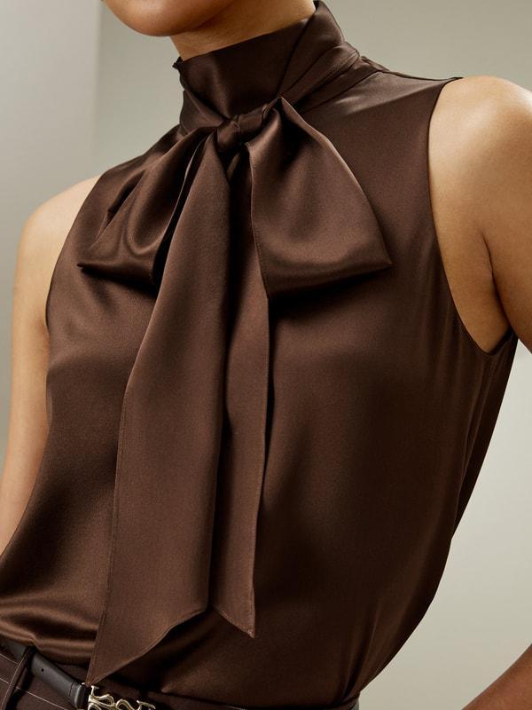 Sleeveless Tie-Neck Silk Blouse Product Image