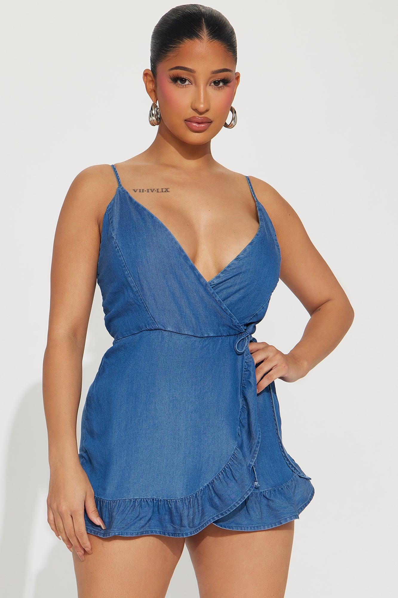 Sights On You Chambray Romper - Dark Wash Product Image