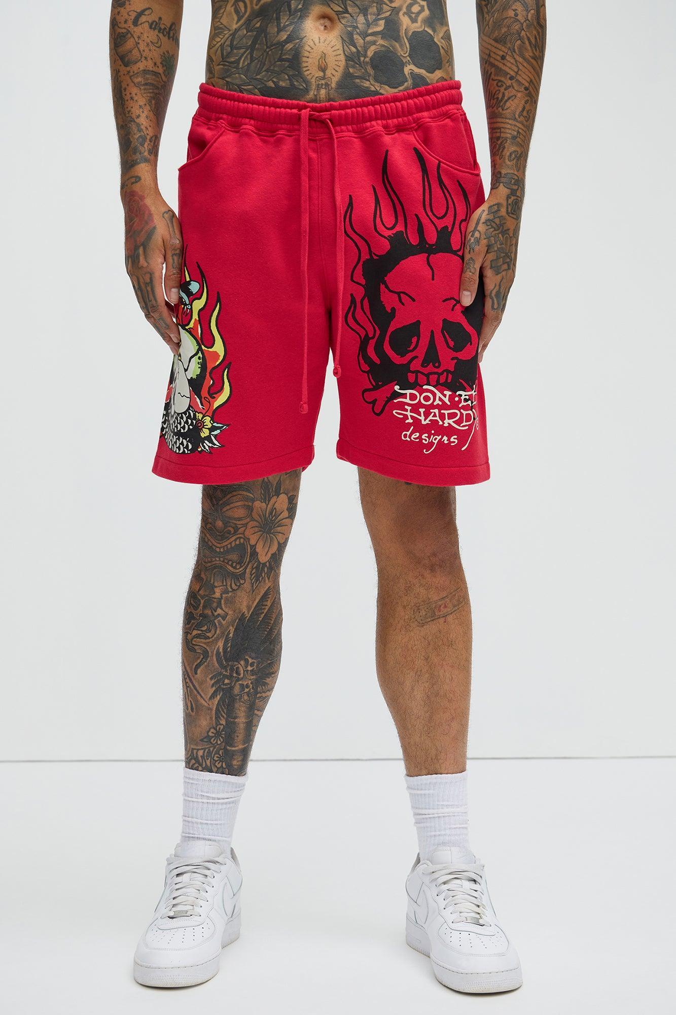 Ed Hardy Flame Cobra Sweat Shorts - Red Product Image