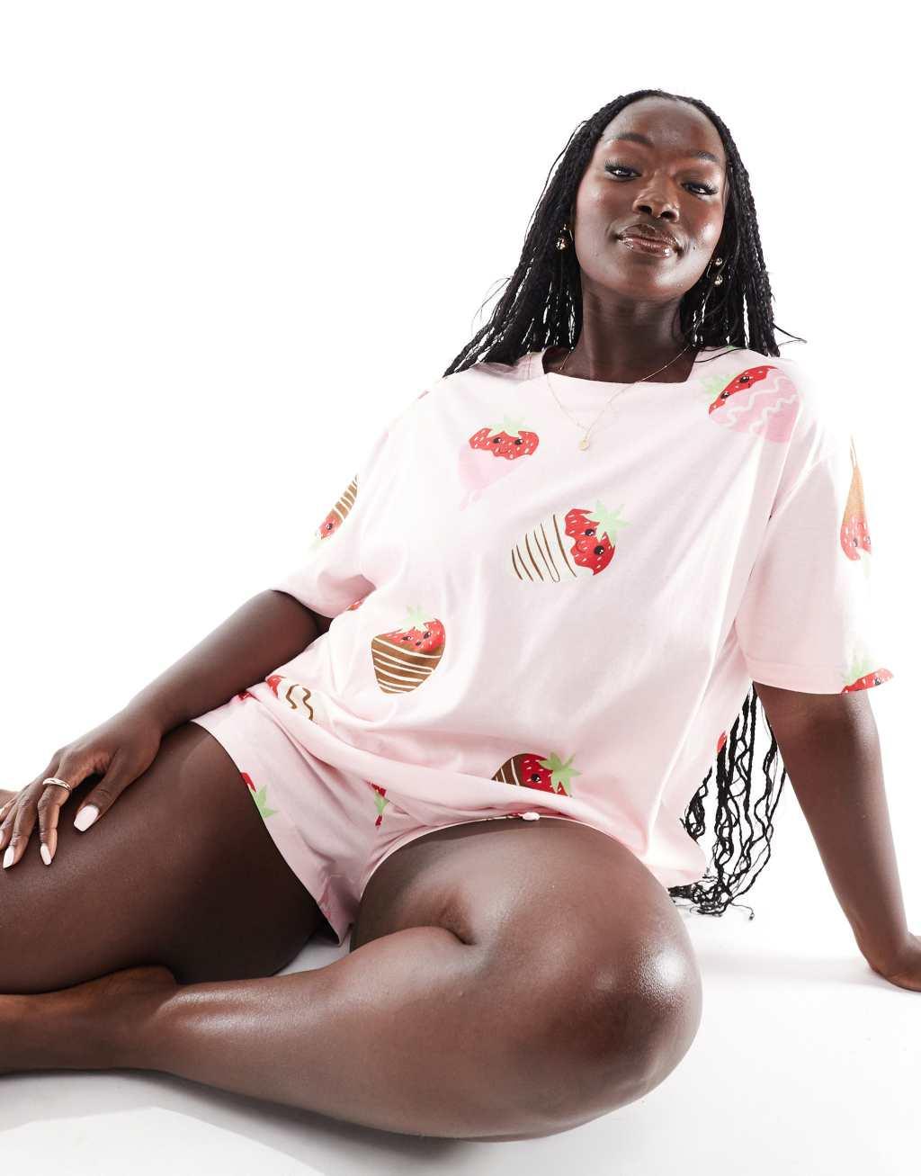 ASOS DESIGN Curve valentines chocolate strawberry oversized tee & short pajama set in pink Product Image