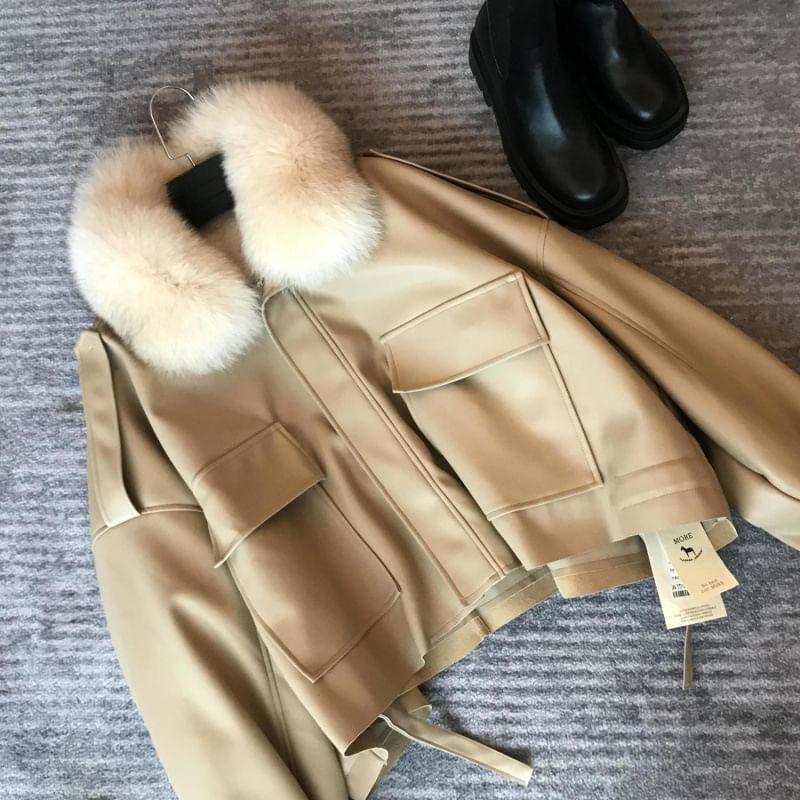 Plain Fluffy Trim Faux Leather Zip Jacket Product Image