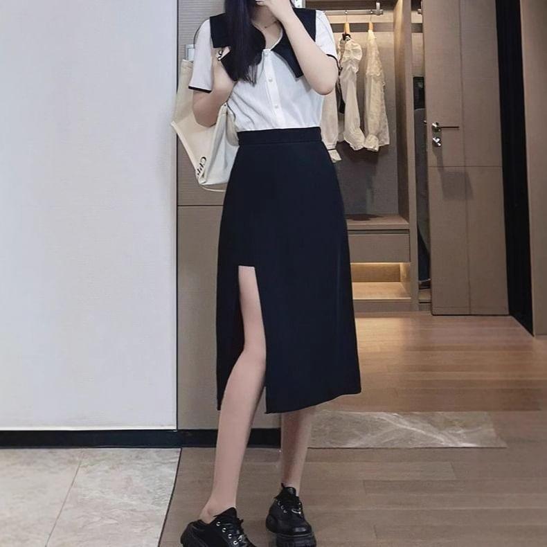 High Waist Plain Side-Slit Skort product image