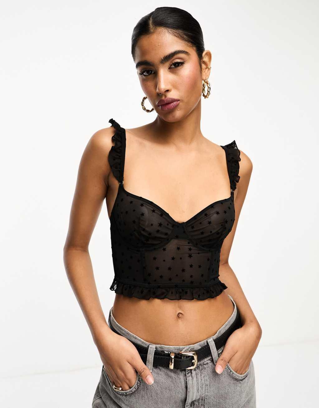 & Other Stories mesh bustier with star embroidery in black Product Image