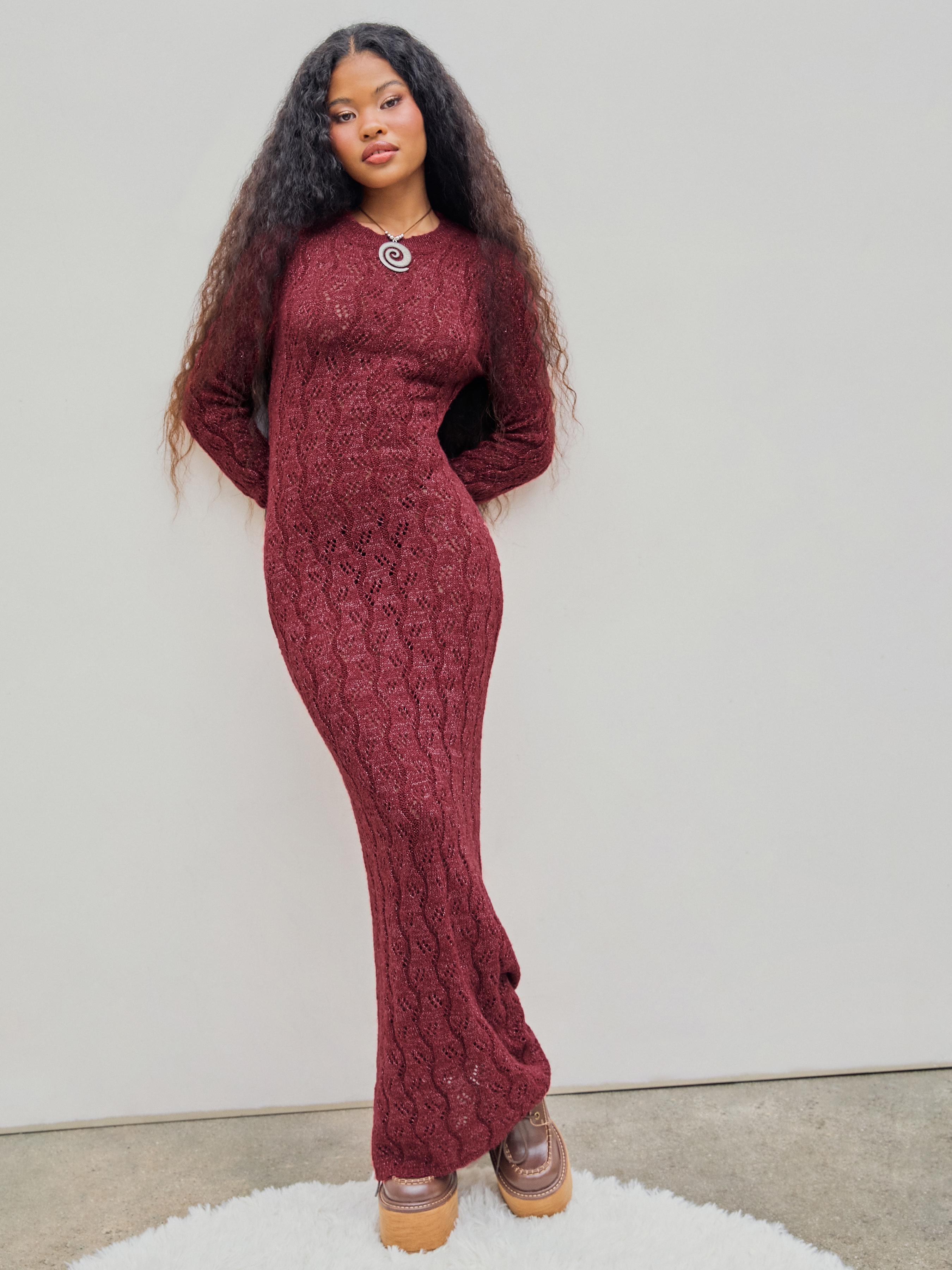 Wool-blend Round Neck Metallic Knitted Maxi Dress Product Image