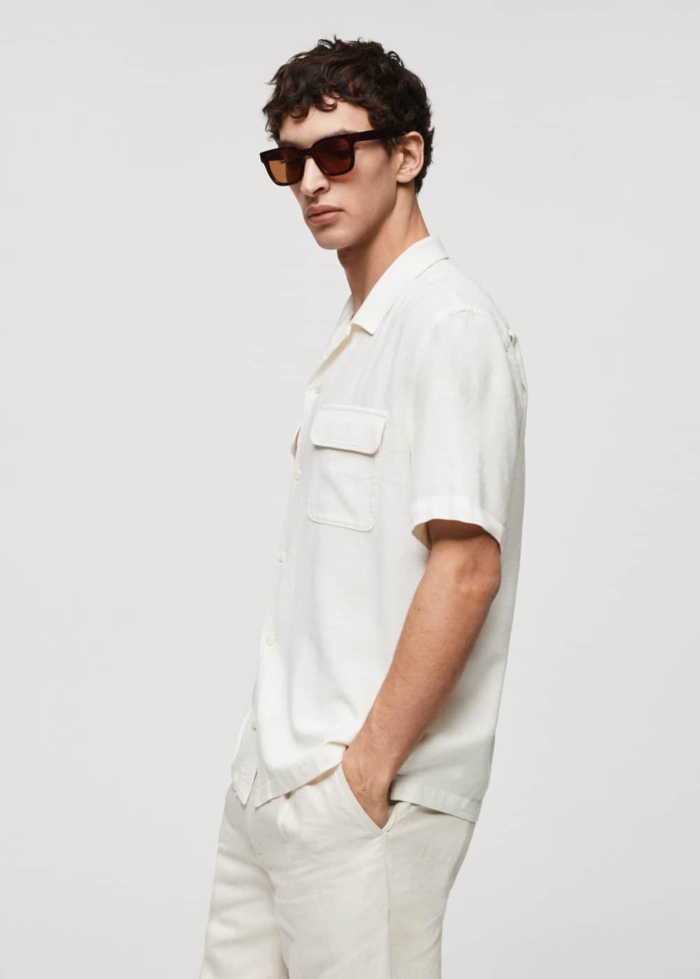 MANGO MAN - Linen shirt with bowling collar and pockets whiteMen Product Image