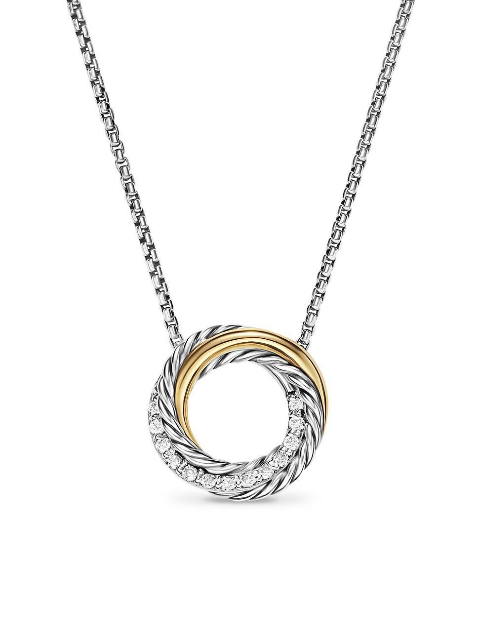 Womens Crossover Pendant Necklace in Sterling Silver with 18K Yellow Gold and Diamonds, 14.5MM Product Image