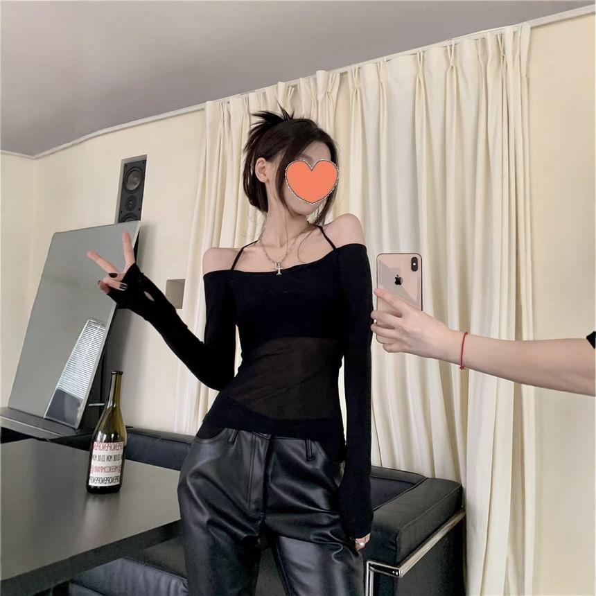 Long Sleeve Cold Shoulder Plain Sheer Panel Top Product Image